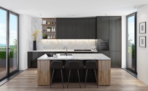 Modern Scandinavian black kitchen with big island table Modern Scandinavian black kitchen with big island table
